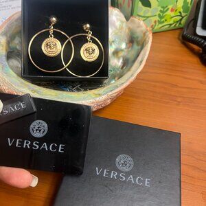 Versace Gold Monograph Dangle Hoops Earrings